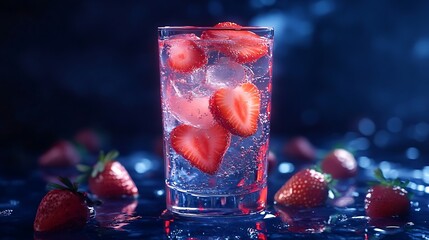 A glowing iced strawberry drink with luminous fruit pieces floating in a sleek glass 