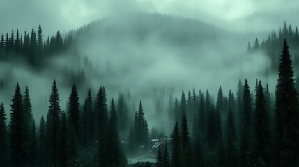 Obraz premium Misty Mountain Forest Conceals a Solitary Cabin