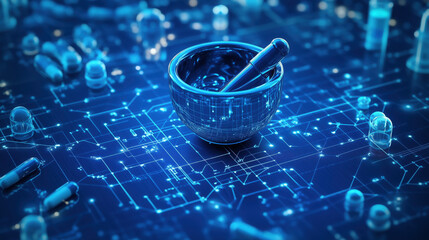 Mortar and Pestle Symbol on a Pharmaceutical Factory Blueprint, Showcasing Efficient and Modern Medicine Production Facilities