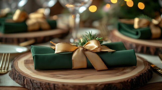 christmas table setting with green napkins and gold ribbon