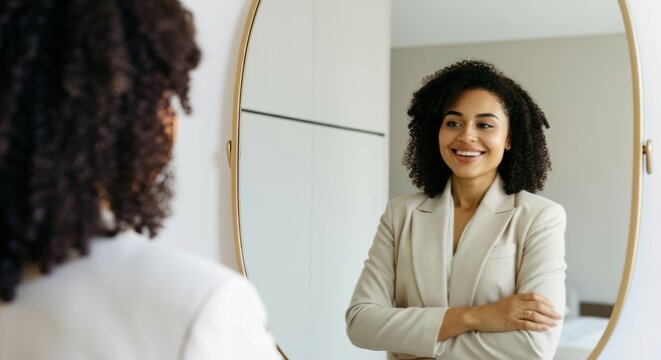 Woman is standing in front of a mirror