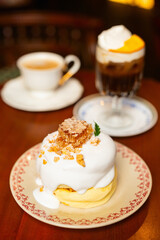 Fluffy pancake topped with honeycomb.