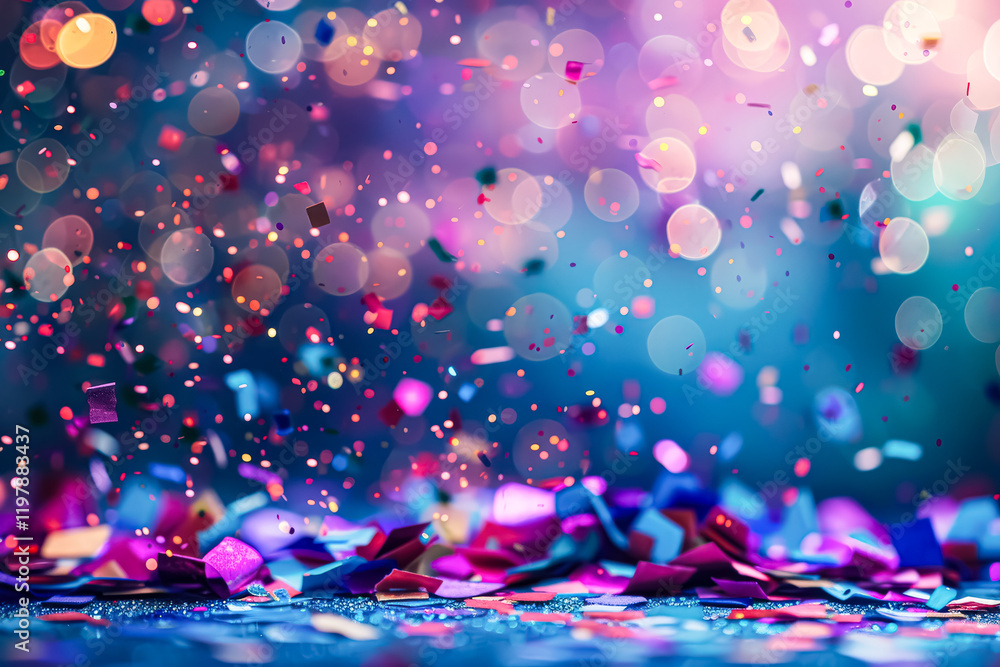 Poster colorful explosion of confetti is falling from the sky. the confetti is in various colors and sizes,