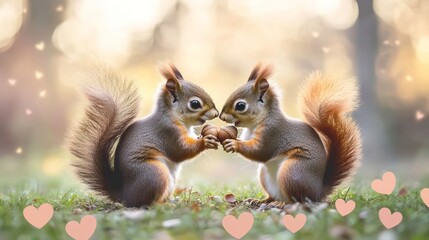 Two adorable squirrels sharing an acorn in a romantic, nature setting with hearts.