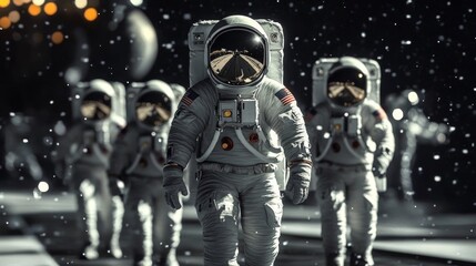 Fototapeta premium Atmospheric portrayal of an astronaut team on the moon.