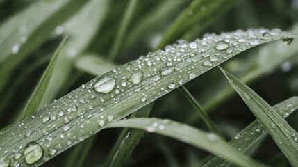 Dew drops on blades of green grass.