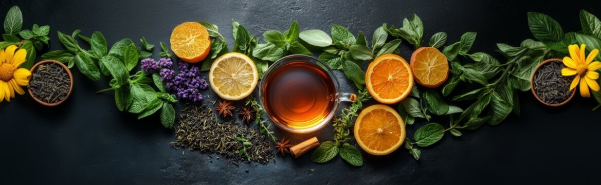 Explore herbal tea ingredients with vibrant flavors and natural beauty. Generative AI