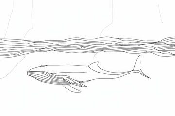 A minimalist line drawing of a whale swimming beneath a wavy surface.