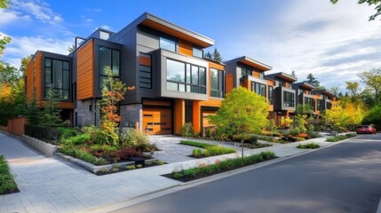 Obraz premium Modern townhomes available for purchase in suburban North America.