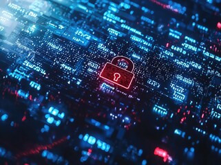 Red padlock glowing on a complex digital circuit background represents cybersecurity and data protection. Ideal for technology blogs, security presentations, and IT visuals