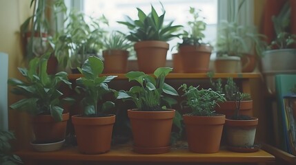 Indoor Plants Arranged On A Wooden Shelf Near A Window