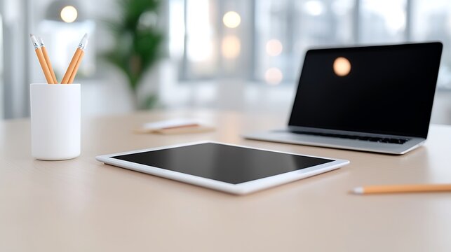 Modern workspace with laptop and tablet - Powered by Adobe