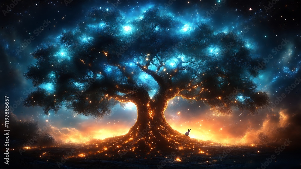 Poster luminous celestial tree with serene rabbit