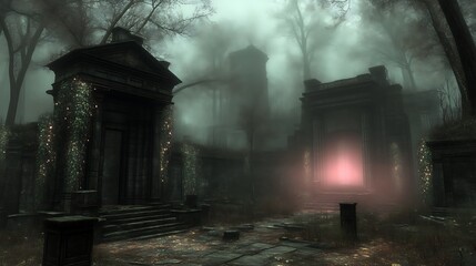 Ancient Ruins Enveloped In Foggy Forest
