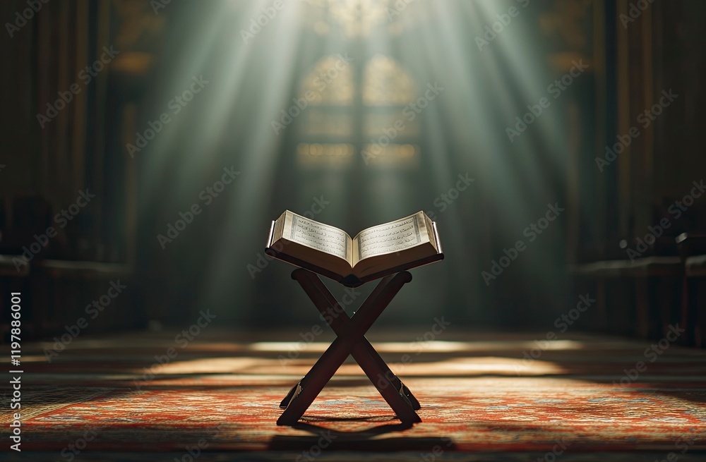 Poster photo of an open quran on wooden stand in the center, illuminated by light from above with rays and 