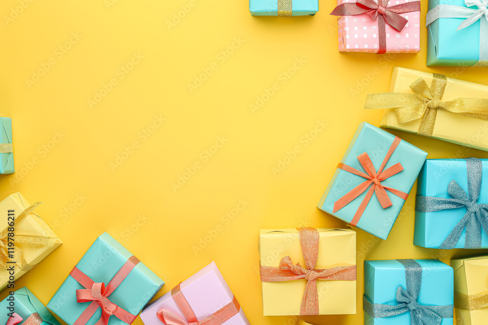 Poster stack of colorful boxes with a yellow background. the boxes are piled on top of each other, creating