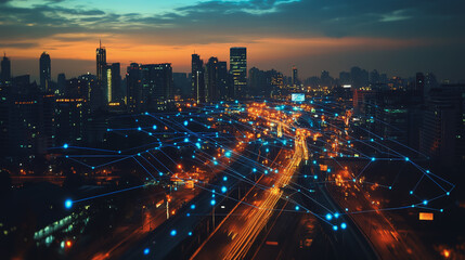 Fototapeta premium Abstract business man stands on the peak of success amid tall, innovative Smart city and graphs with statistics to analyze business potential and predict future developments in company growth.