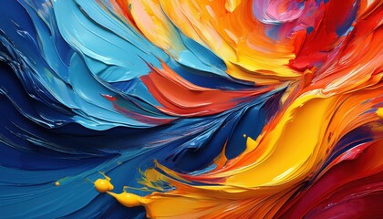 Vibrant Abstract Expressionism Close Up of Colorful Paint Strokes Showcasing Blue, Yellow, Red and Orange Hues in an Artistic Manner, Signed at3