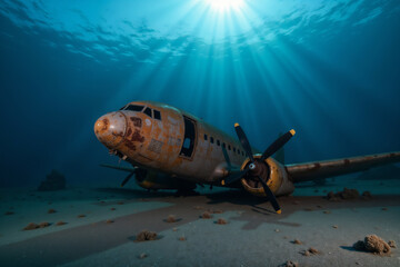 Obraz premium sunken airplane rests on the sandy ocean floor, bathed in sunlight streaming through the water. The wreck is partially obscured by coral and seaweed
