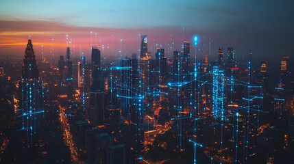 Fototapeta premium Abstract business man stands on the peak of success amid tall, innovative Smart city and graphs with statistics to analyze business potential and predict future developments in company growth.