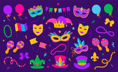 Colorful Mardi Gras elements featuring masks, beads, hats, and festive symbols