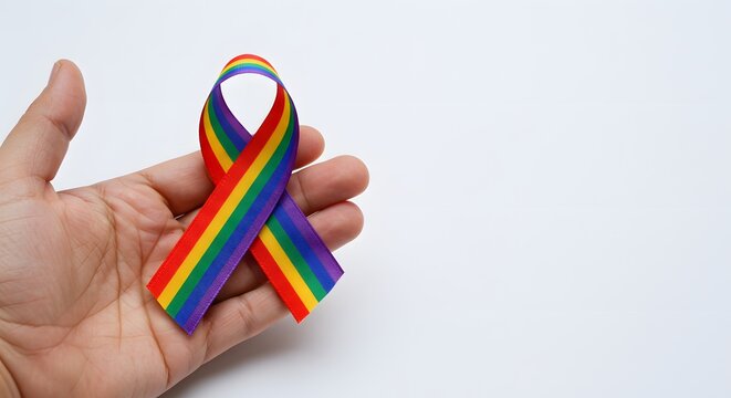 Multicolor rainbow ribbon on open hand symbolizing diversity inclusivity and equality for global cancer day or LGBTQ pride awareness promoting health unity and community representation