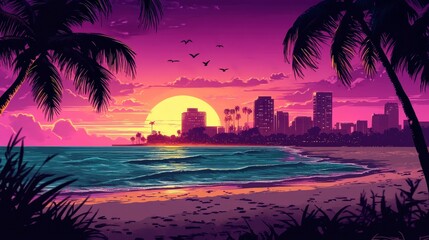 The silhouette of a modern city contrasts against a colorful sunset backdrop.