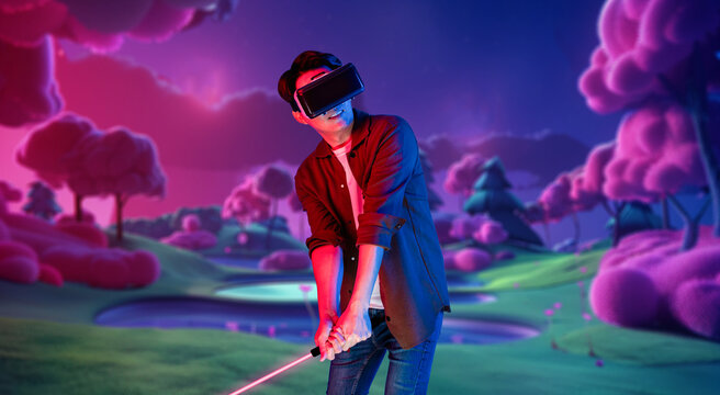 Skilled gamer wearing VR glasses while playing golf at metaverse or golf court with purple sky. Attractive golf player or athlete practicing sport skill while entering in simulated world. Ingenuity.