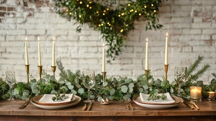 a rustic table setting with candles and greenery
