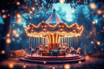 Obraz premium Colorful carousel lights creating a magical atmosphere in the park.