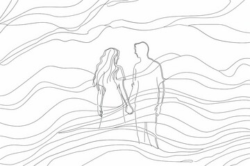 A minimalistic line drawing of a couple holding hands amidst flowing waves.