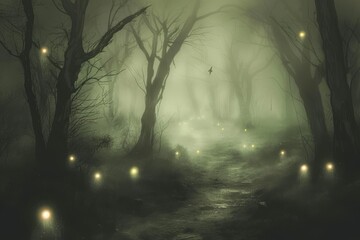 Obraz premium A misty forest path illuminated by glowing orbs, creating an eerie and enchanting atmosphere.