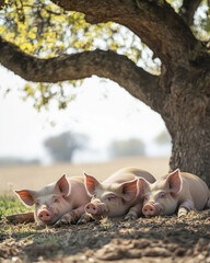 Three piglets sleeping under a tree on a sunny day