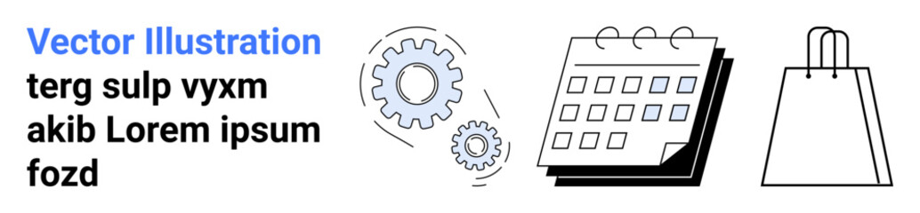 Calendar notebook, two gray gears, shopping bag icon, and blue text. Ideal for business planning, e-commerce, organization, project management, retail workflow automation efficiency strategies