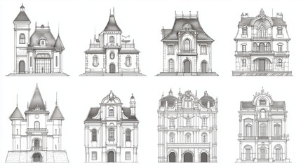 set of houses line drawn european style castles