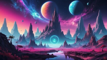 Fototapeta premium Enchanting landscape of alien planet and space surface