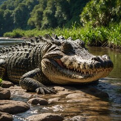 Fototapeta premium Close-up on a Young Fish-eating crocodile, showing is tooth. alligator in the swamp. flock of crocodiles in the wild 