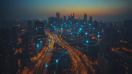 Fototapeta premium Abstract business man stands on the peak of success amid tall, innovative Smart city and graphs with statistics to analyze business potential and predict future developments in company growth.