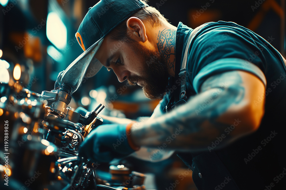 Aufkleber man with a beard and tattoos is working on a motorcycle. concept of craftsmanship and dedication to 