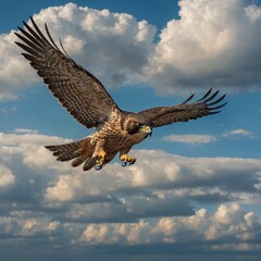 Fototapeta premium A falcon mid-dive with clouds in the background. A close up of an elegant hawk flying over the sky. Zoom in to reveal the intense gaze of a peregrine falcon mid flight, its streamlined form slicing 