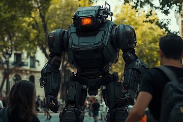 Imposing robotic figure amidst urban crowd
