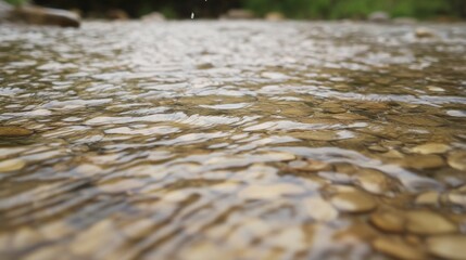 Fototapeta premium Shallow stream with clear water flowing over smooth stones.