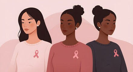 Illustration of women in pink shirts with breast cancer awareness ribbon, showcasing solidarity and support for breast cancer awareness campaign