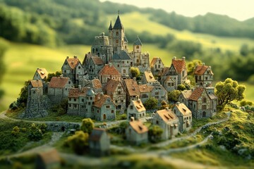 A miniature medieval village nestled in a verdant valley, showcasing intricate details and charming architecture.