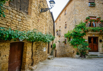 Overview of the town of Ujue in the autonomous community of Nacarra, with the fortress church of Santa Maria, a monumental complex of medieval origin