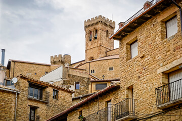 Overview of the town of Ujue in the autonomous community of Nacarra, with the fortress church of Santa Maria, a monumental complex of medieval origin