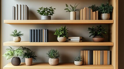A stylish bookshelf adorned with lush plants creates an inviting atmosphere for virtual office backgrounds.