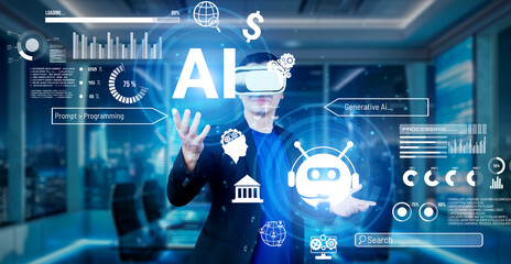 Smart project manager holding at AI chat hologram and wearing headset at modern office....