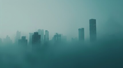 Naklejka premium A misty skyline shrouded in fog, creating an atmospheric urban landscape.