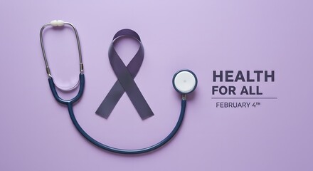 Ribbon with stethoscope promoting health for all on cancer awareness day symbolizing healthcare solidarity and advocacy for wellness and global prevention